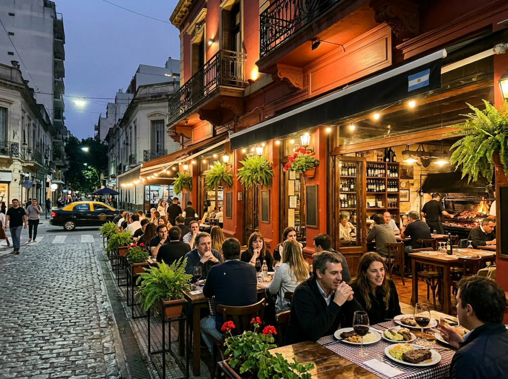 Outdoor diners at Don Julio Parrilla restaurant on a cobblestone street in the evening
